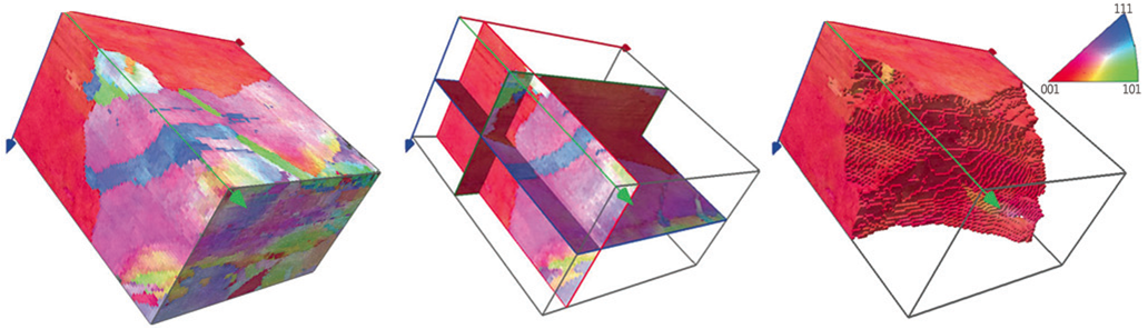 銅サンプルの直交断面と結晶粒形状を示す3D EBSD の再構成図