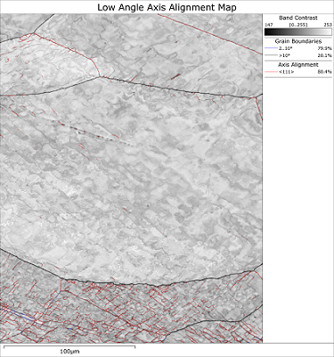 <111> 回転による粒界の局所的な発達を示す、EBSD パターン品質マップと粒界オーバーレイ 
