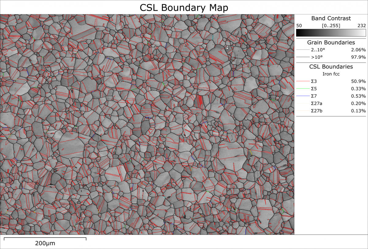 粒子と CSL 粒界を重畳したオーステナイト系ステンレス鋼の EBSD パターン品質マップ