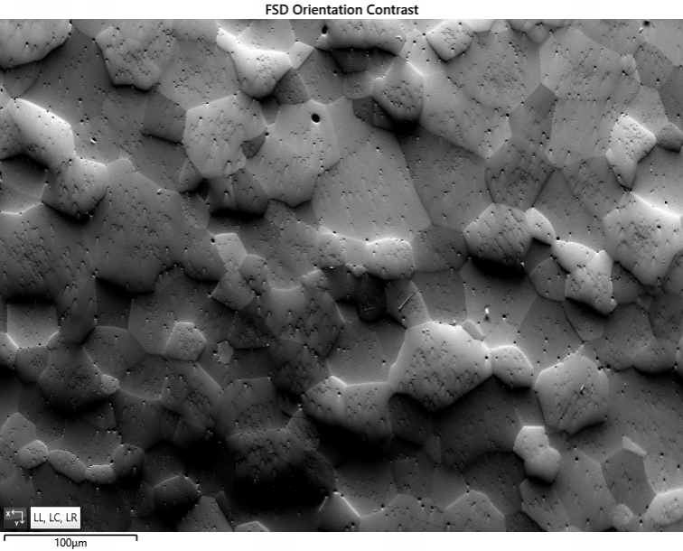 コーティングされていないジルコニアサンプルからの方位コントラスト画像（FSD）。帯電は信号レベルでは見えませんが、画像に歪みをもたらすことがあります。
