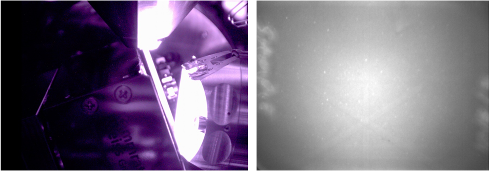 加熱 EBSD 実験中の高赤外放射を示すSEM チャンバ―スコープ画像と EBSD パターンの一例