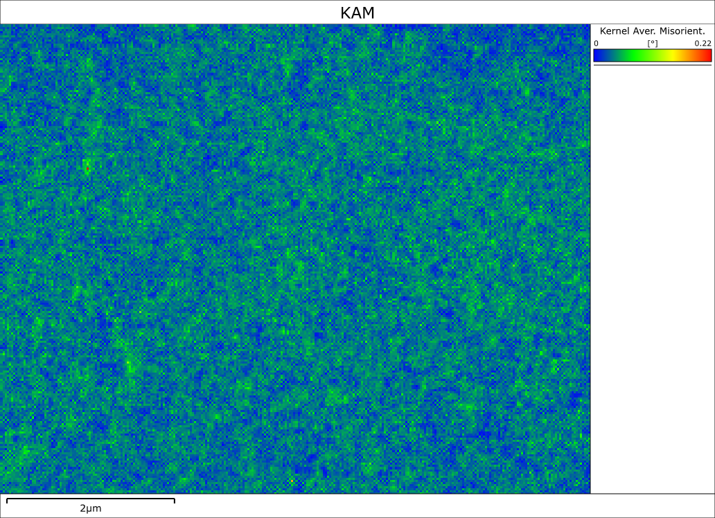 個々の転位周辺の歪みがほとんどない、GaN 薄膜のカーネル平均方位差 EBSD マップ。
