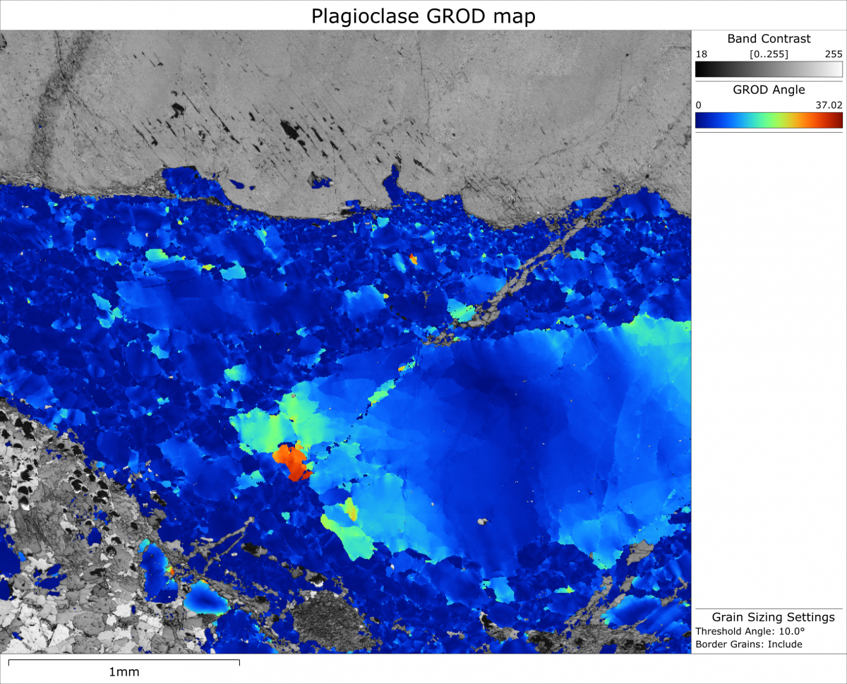 酸化斑れい岩サンプル中の斜長石結晶粒の EBSD Grain Reference Orientation Deviationマップ