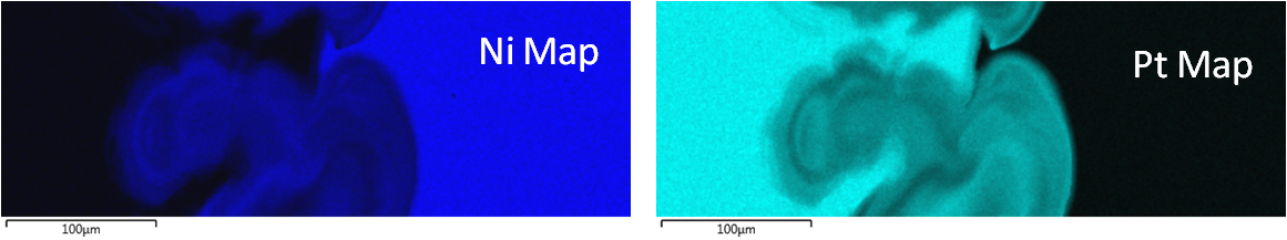 Pt と Ni の分布を示す、EDS を使用して Pt-Ni 混合帯から収集した元素マップ。