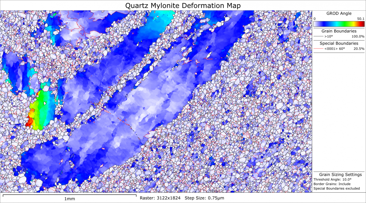 大きく変形した粒子を示す、石英マイロナイトの EBSD 粒子相対配向偏差マップ