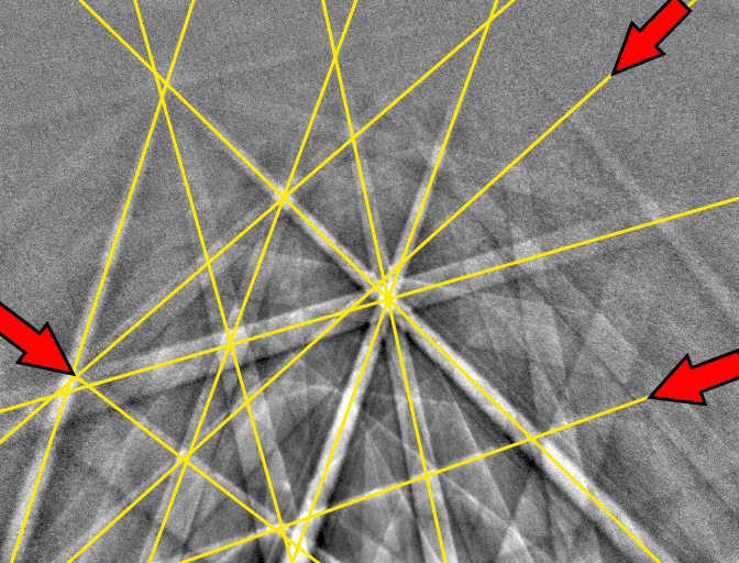 Al TKD pattern showing the results of a standard band detection, with poorly detected band marked with arrows