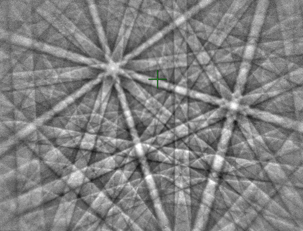 フェライトサンプルから標準的な作業距離をおいて測定した EBSD パターン（パターン中心位置が最適な場合）。